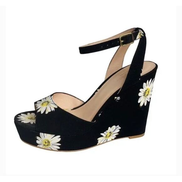 Kate Spade Dellie Black Canvas Floral Print Wedge Size 10M